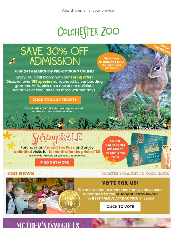 Colchester Zoo - SAVE 30% OFF E-tickets until 24th March 2024!