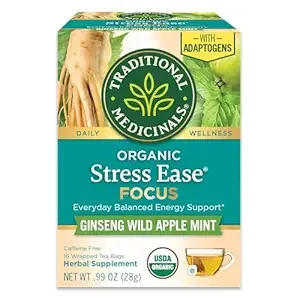 Traditional Medicinals Tea, Organic Stress Ease Focus, with Adaptogens, Everyday Balanced Energy, Ginseng Wild Apple Mint, 16 Tea Bags