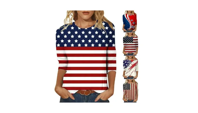 4th of July Outfits for Women,4th of July Shirts Women,American Flag 3/4 Sleeve Crew Neck T-Shirt Tunic Tops Blouses