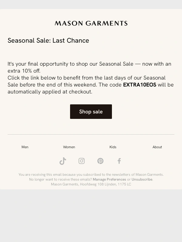 MASON GARMENTS - Seasonal Sale ending — Extra 10% off!