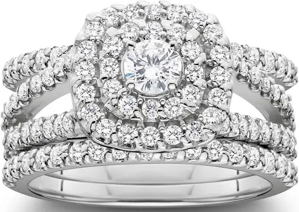 Pompeii3 1 1/4ct Diamond Engagement Cushion Halo Wedding Ring Trio Set in 10K