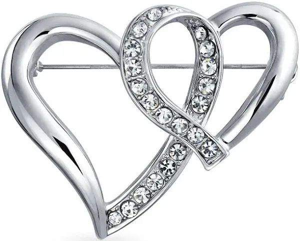Bling Jewelry Double Open Ribbon Hearts Crystal Valentines Brooch Pin