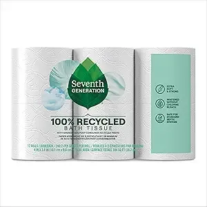 Seventh Generation Toilet Paper Recycled Bath Tissue 4-Pack 100% Recycled Paper 2-ply without Chlorine Bleach 12 Rolls