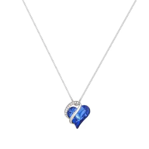 Sapphire, Love Heart Pendant Necklace Birthstone Crystal Jewelry Gifts for Women, Silver-tone, 16″+2″