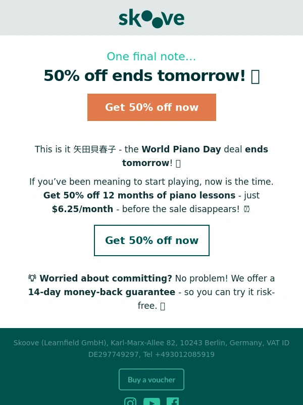 Skoove - ? Last chance: 50% off piano lessons! ?