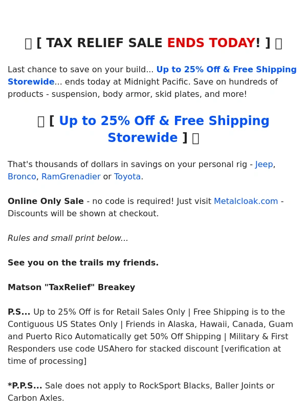 Metalcloak - ? Tax Relief Sale ? Ends Today!