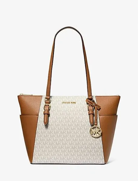 Michael Kors Charlotte Signature Leather Large Top Zip Tote Handbag Bag