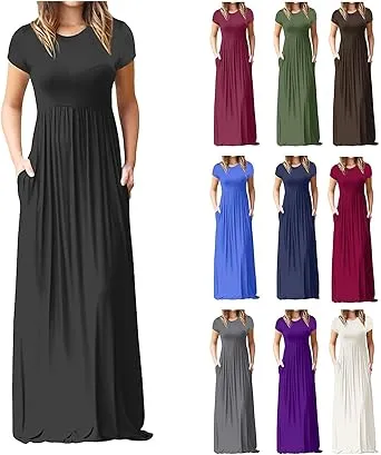KAJXZ Dresses for Women Summer Crew Neck Short Sleeve Maxi Dress Elegant Flowy Solid Color Pleated Dresses with Pockets