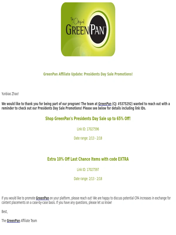 Greenpan - Fwd: GreenPan Affiliate Update: Presidents Day Sale Promotions!