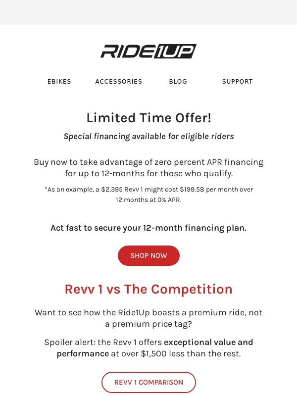 Ride1Up - Limited time offer: 12-Month,0% APR Financing Plans ?