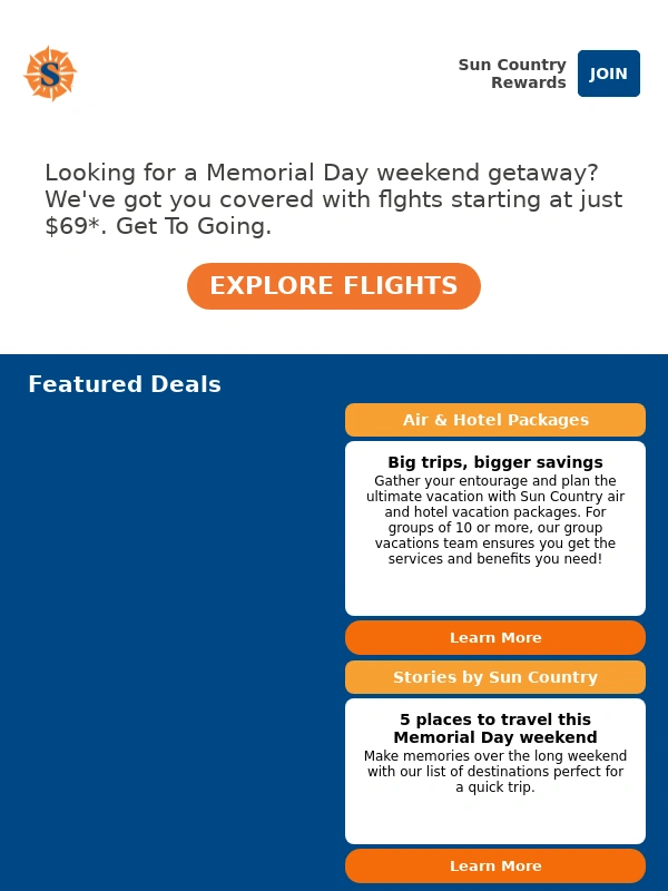Sun Country - Fly as low as $69*: Your Memorial Day Escape!