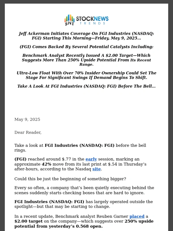 Finviz - Before The Bell: FGI Industries (NASDAQ: FGI) Makes An Approx. 42% Move Overnight—Is This Just The Beginning?