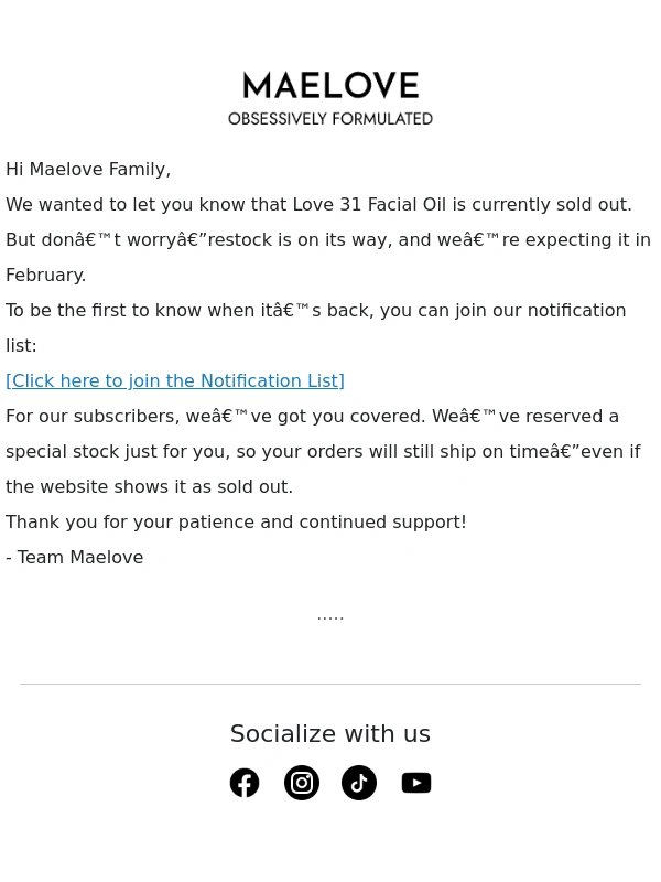 Maelove - Love 31 Facial Oil is Sold Out