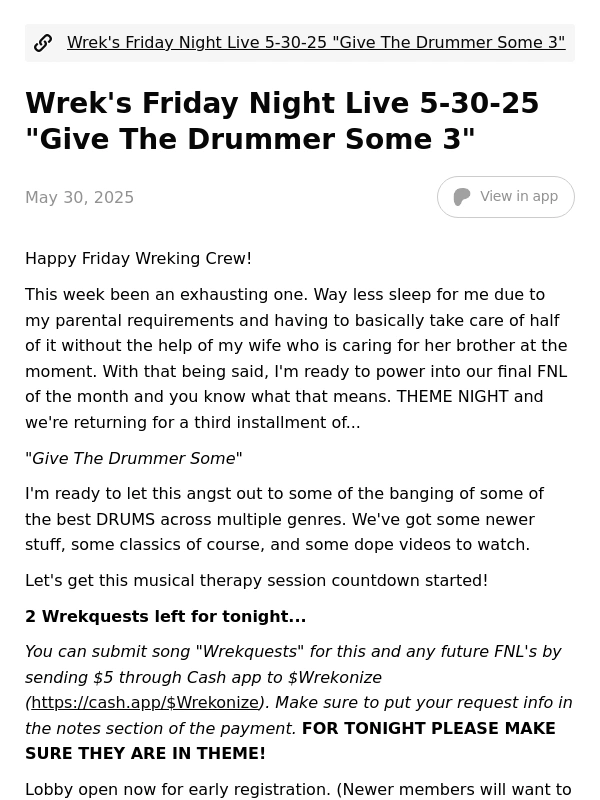 Patreon - Wrek's Friday Night Live 5-30-25 "Give The Drummer Some 3"