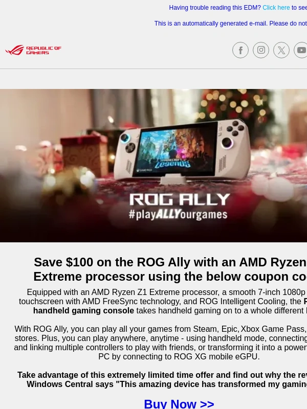 ASUS - Save $100 on the ROG Ally handheld gaming console with this coupon code