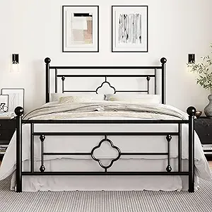 SHA CERLIN 14 Inch Queen Size Metal Platform Bed Frame/Vintage Iron-Art Headboard and Footboard/Mattress Foundation (Black)