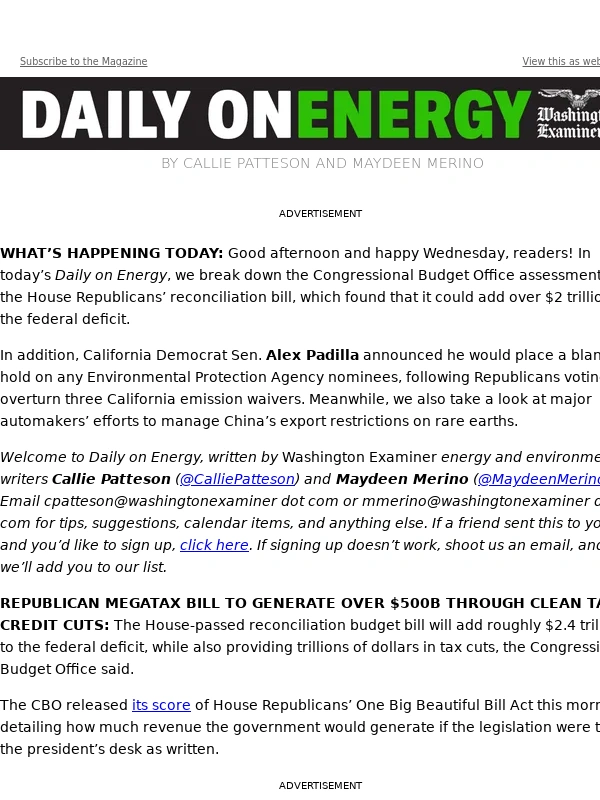 Washington Examiner - Daily on Energy: CBO score,Padilla puts hold on EPA nominees,and banks slash oil forecasts
