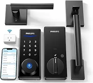 Philips - Wi-Fi Smart Lock with Handle, Keyless Entry, Front Door Deadbolt Set, App Control, Fingerprint Unlock, Auto Locking