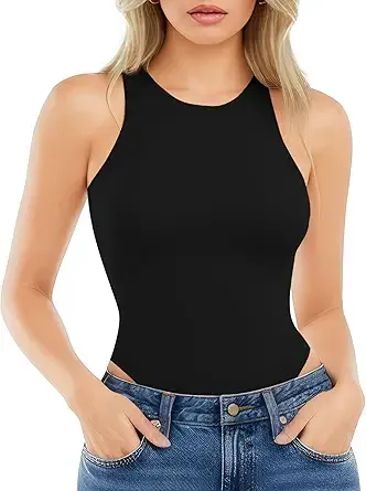 Popilush Body Suits for Women – Sleeveless Crew Neck Tank Top – Tummy Control Shapewear Bodysuit – Going Out Tops