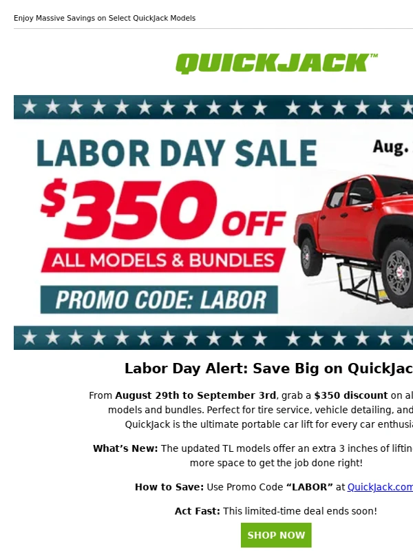 QuickJack - Don’t Miss Out! Last Chance for $350 Off QuickJack – Labor Day Sale Ends Soon!