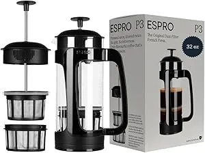 ESPRO - P3 French Press - Double Micro-Filtered Coffee and Tea Maker, Grit-Free and Bitterness-Free Brews, Ideal for Loose Tea and Coffee Grounds - (Black, 32 Oz) $31.90