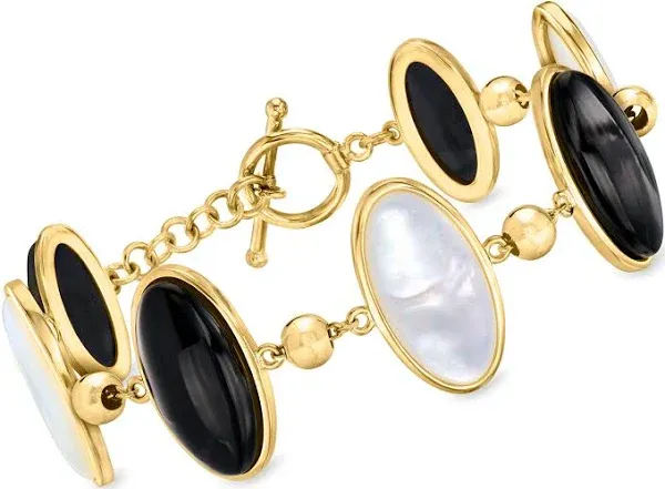 18kt Gold Over Sterling Onyx and Mother-of-Pearl Bracelet