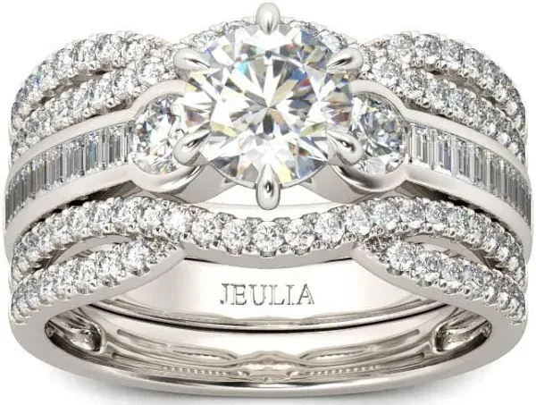 Jeulia Sterling Silver Round Cut Three Stone Ring Set