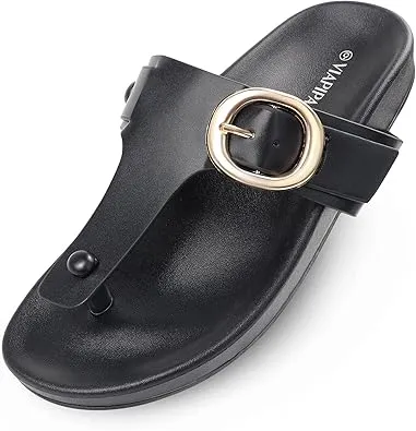 Viapipa Women Arch Support Flip Flops Thong Sandals for Women Black Decorative Buckle Beach Sandals with Lightweight Design, Summer Casual Flat, Black, 7