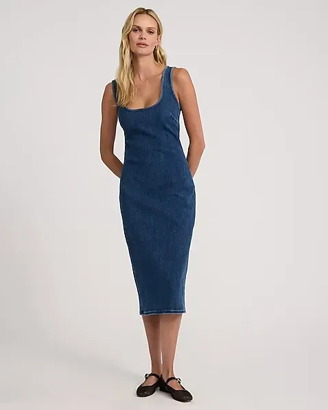 Dark Wash Scoop Neck Sleeveless Midi Denim Sheath Dress