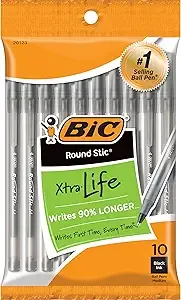 10-Count BIC Round Stic Xtra Life Medium Point Ballpoint Pen (1.0mm, Black) $0.85 w/ S&S + Free Shipping w/ Prime or on $35+