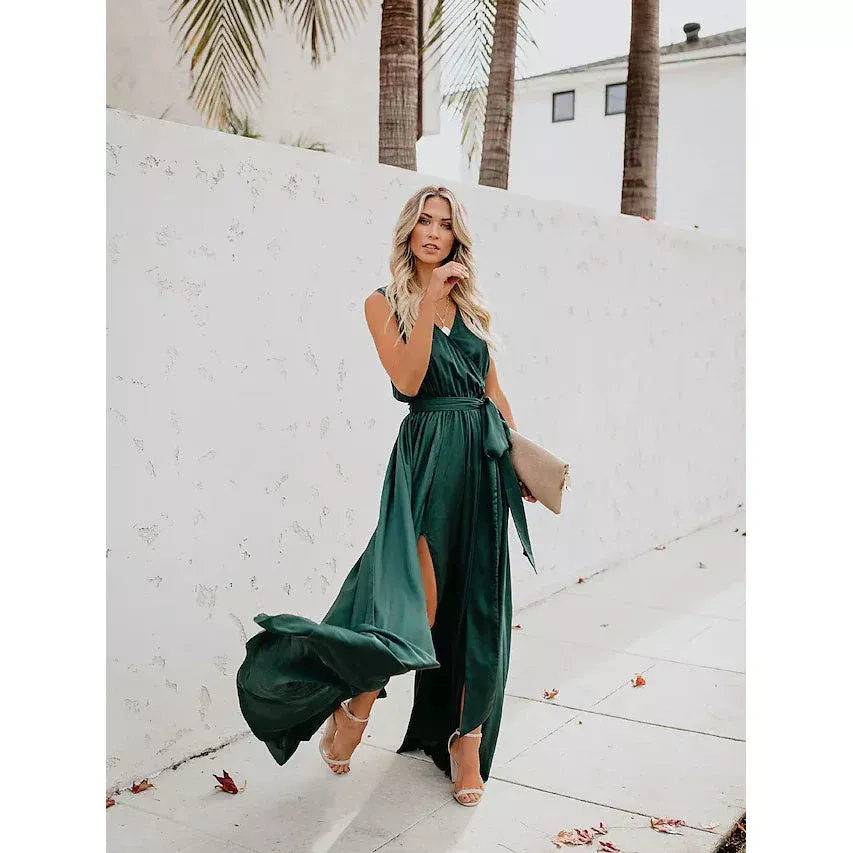 DailySale Women's Solid Color Slit Tie Maxi Dress