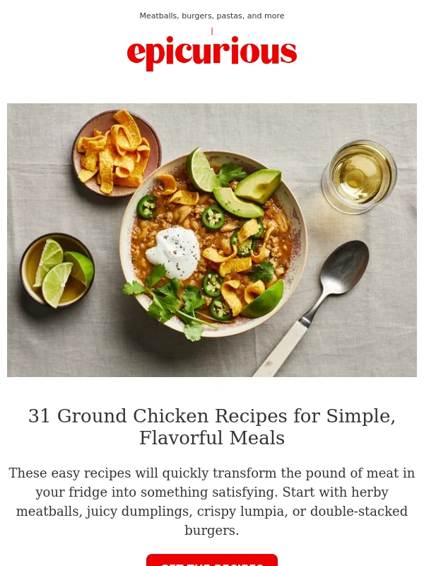 Epicurious - 31 simple,flavorful ground chicken recipes