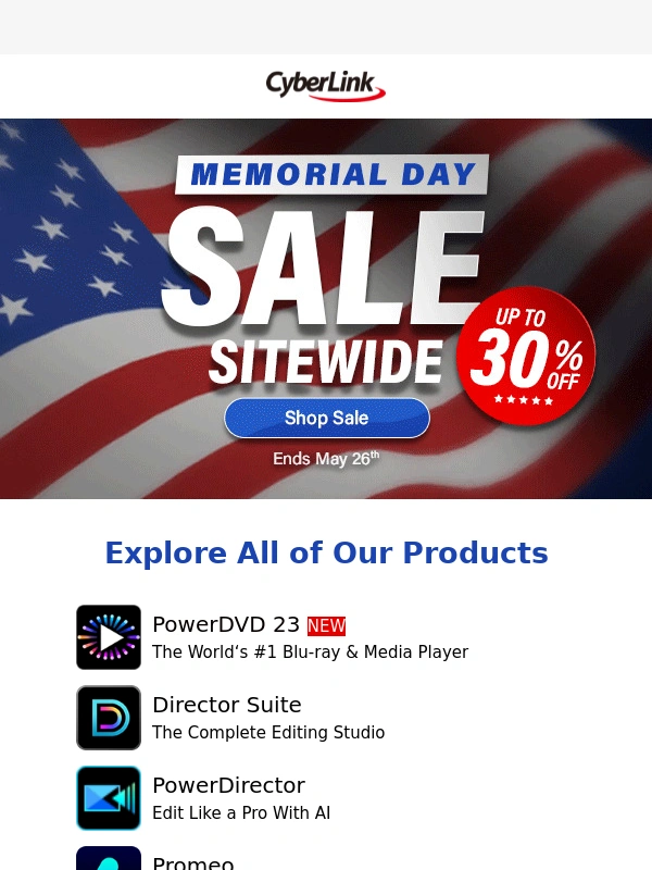 Cyberlink - Up to 30% OFF SITEWIDE | Memorial Day Sale