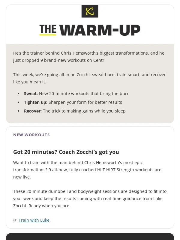 Centr - New workout drop: 20-minute low-equipment sessions ?