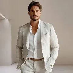 Men's 100% Linen Blazer Jacket Wedding Party Anniversary Summer Spring Linen Solid Color Single Breasted One-button Blazer Blue Beige 2025 - GBP £33.2