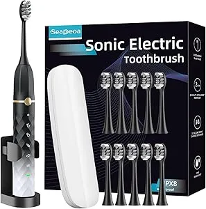 Seapeoa IPX8 Waterproof Electric Toothbrush Set with 10 Brush Heads and Travel case, 2-Minute Timer, 42000 high-Frequency Vibrations, 5 Modes