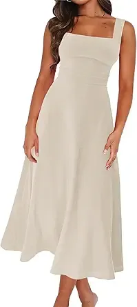 Womens Elegant Sleeveless A Line Square Neck Long Dress