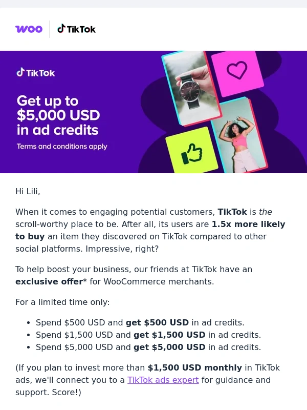 WooCommerce - Get up to $5,000 in TikTok ad credits