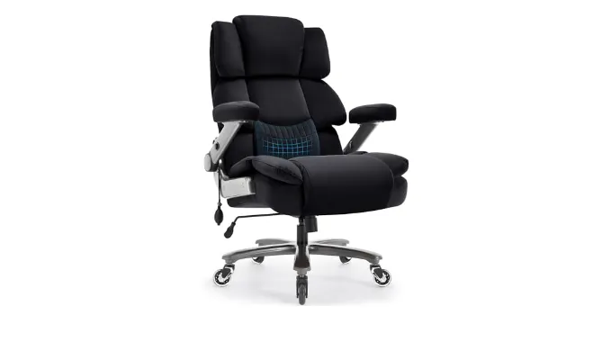 Big and Tall Office Chair 500lbs- Fabric High Back Executive Computer Chair with Adjustable Lumbar Support 3D Flip Arms Plus Size Rubber Wheels- Extra Wide Large Desk Chairs, Heavy Duty Metal Base