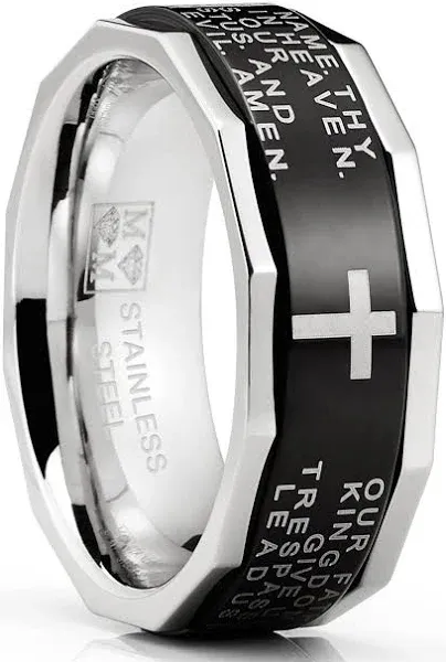 Men's Metal Masters Lords Prayer Stainless Steel Ring Christian Cross Bible Two-Tone