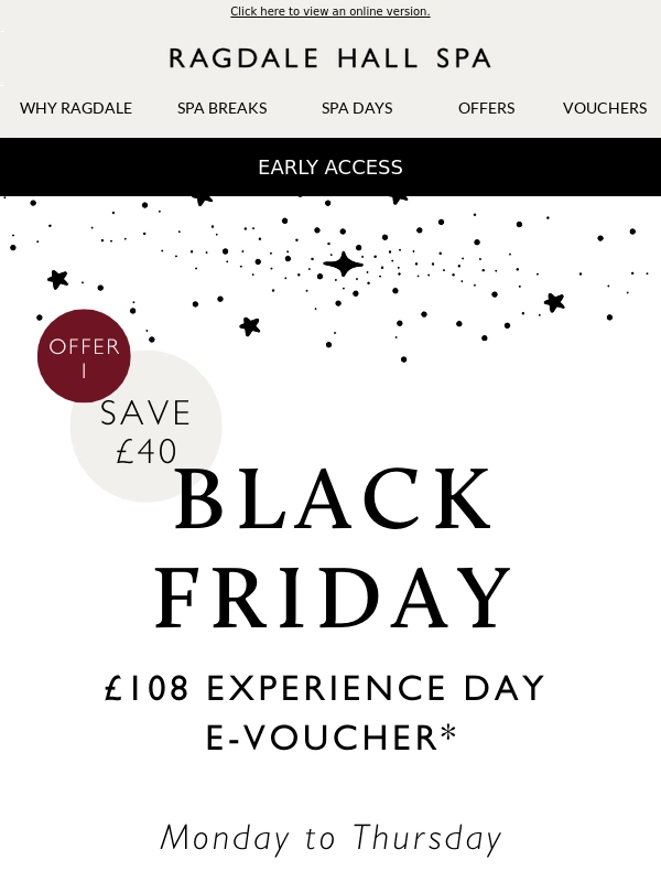 Ragdale Hall - BLACK FRIDAY EARLY ACCESS ? Save £40 on our Experience Day Voucher
