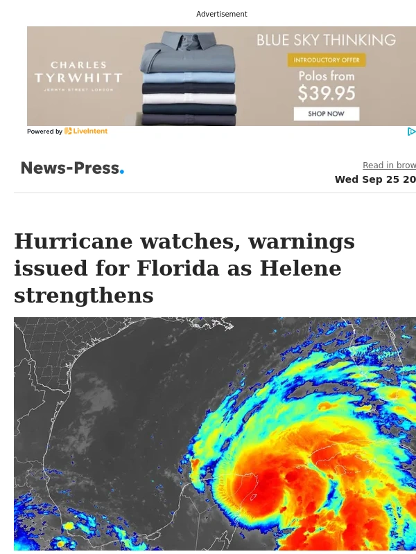 Charles Tyrwhitt - Breaking: Tropical Storm Helene strengthens overnight. Most of Florida under hurricane or tropical storm watches,warnings