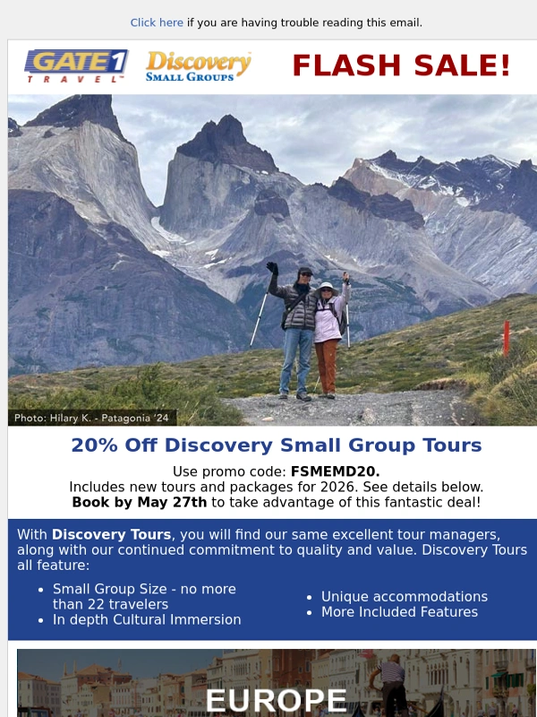 Gate 1 Travel - Ending Soon! Memorial Day Sale | 20% off Discovery Small Group Tours