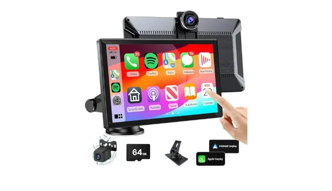 9″ Wireless Carplay Screen for Car,Portable Apple Carplay & Android Auto Car Stereo Audio Receivers,with 4K Dash Cam,1080P Backup Camera,GPS Navigation, Mirror Link,Bluetooth,Voice Contro,Siri