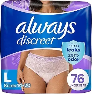 Always Discreet Adult Incontinence Underwear for Women and Postpartum Underwear, L, Up to 100 Bladder Leak Protection, 76 CT,