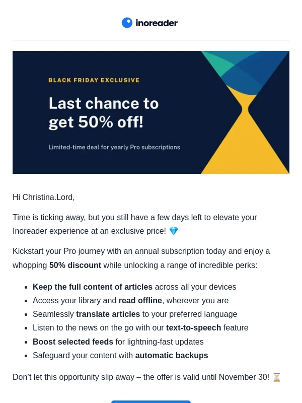 Inoreader - Last chance to get 50% off a yearly Pro subscription! ⏰