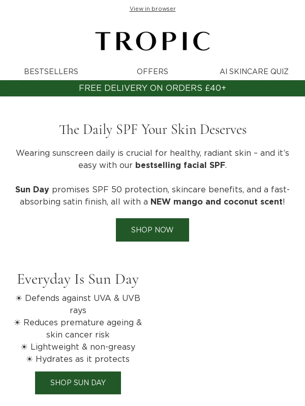 Tropic Skincare - Meet Sun Day SPF 50: Now in Mango Coconut! ??