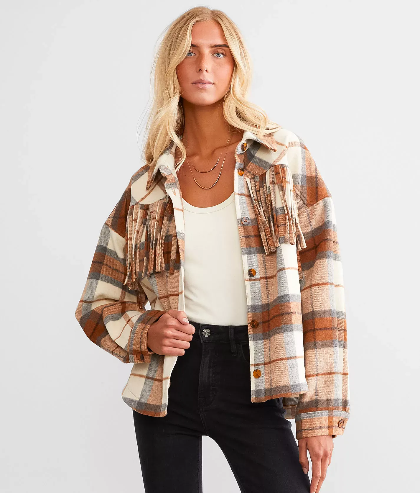 BKE Fringe Plaid Shacket  - female - Size: Large