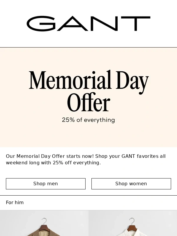 Gant - Memorial Day: 25% off everything