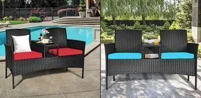 Rattan Conversation Loveseat with Glass Top Table